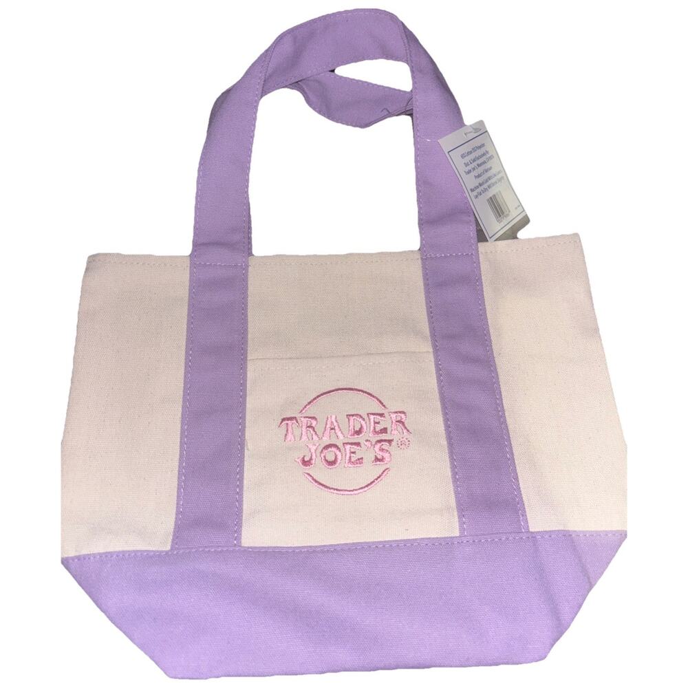 Trader Joe's NEW RARE Embroidered PASTEL MINI CANVAS TOTE BAG LAVENDER REUSABLE